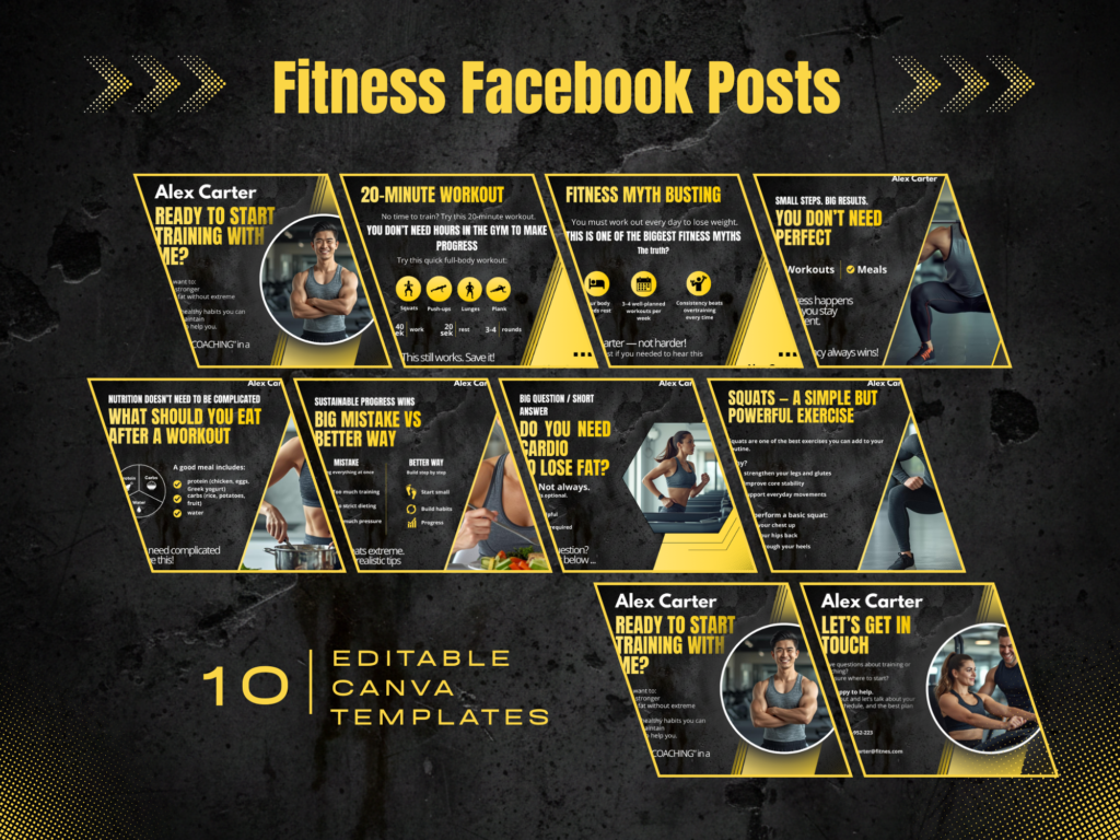 Canva fitness Facebook post template — black yellow design